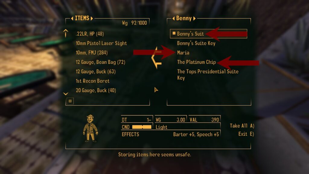 Important items in Benny’s Inventory. The Suite keys can also be important depending on which faction you want to side with | Fallout: New Vegas