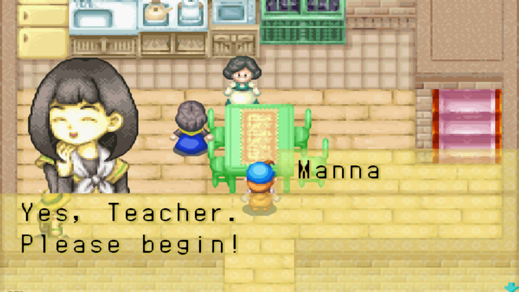 Manna and the player attend Anna’s cooking lessons | Harvest Moon: Friends of Mineral Town