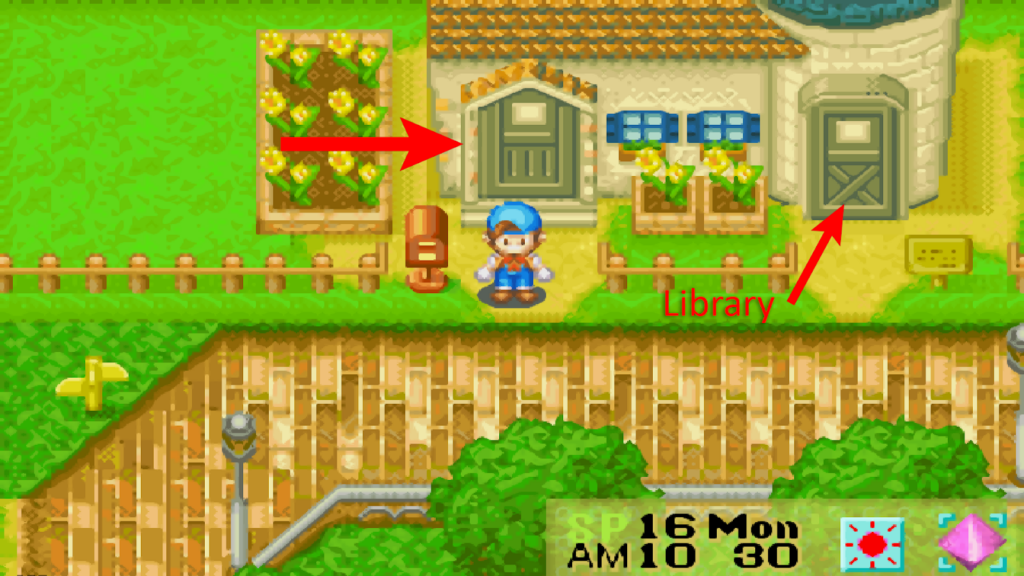 Location of Basil’s house, next to the library | Harvest Moon: Friends of Mineral Town
