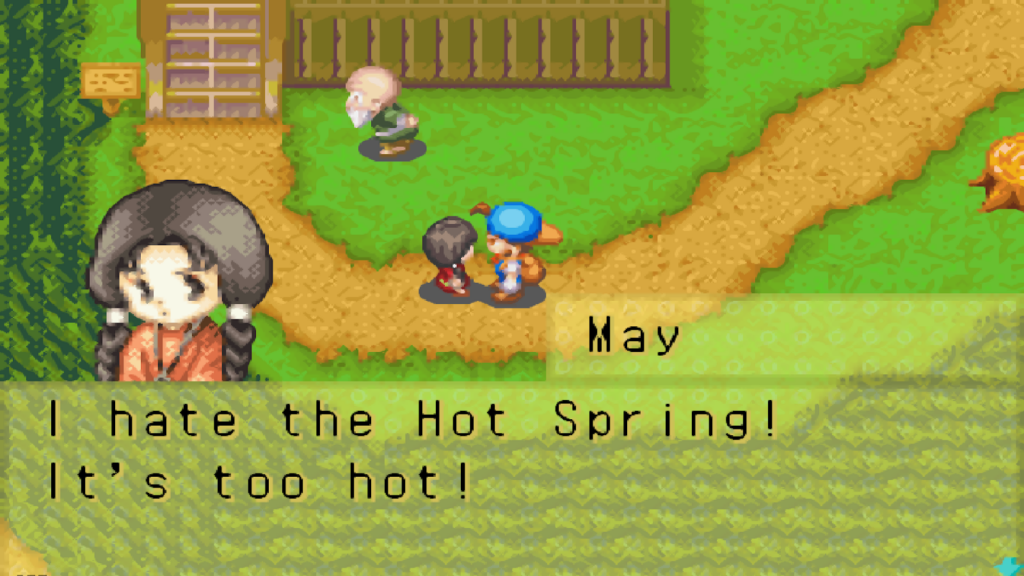 May accompanies her grandfather to the hot springs every Monday | Harvest Moon: Friends of Mineral Town