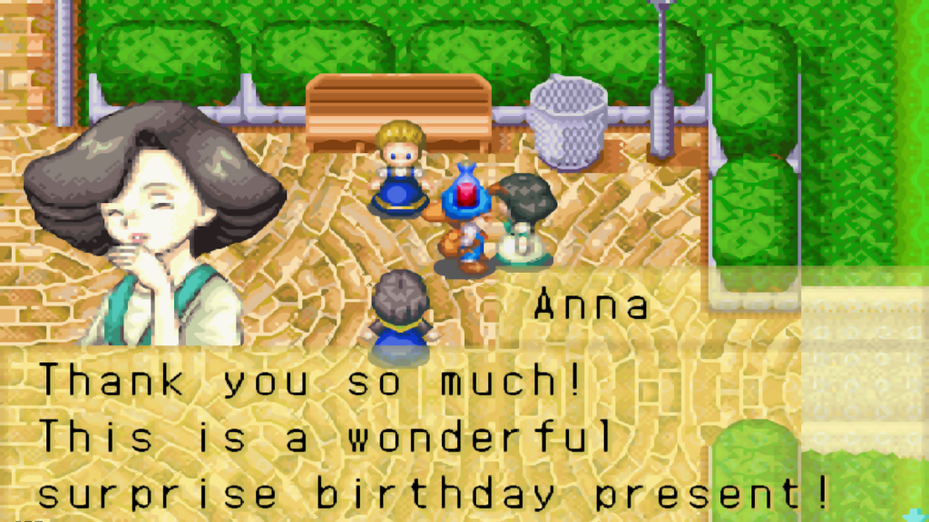 The player gives Anna a bottle of wine as a present | Harvest Moon: Friends of Mineral Town