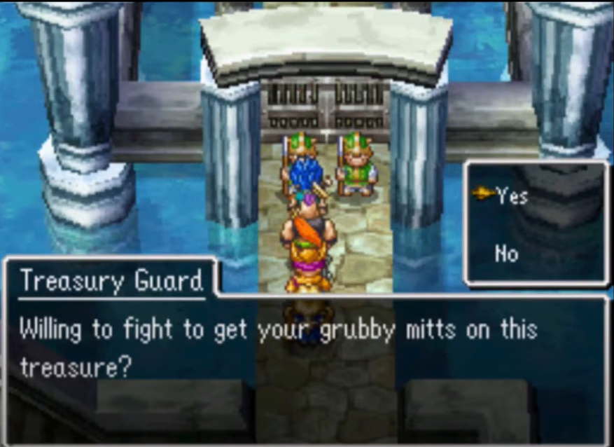 Answer yes to fight the guards, beware they are both strong, recommended level 30-35 2 | Dragon Quest VI