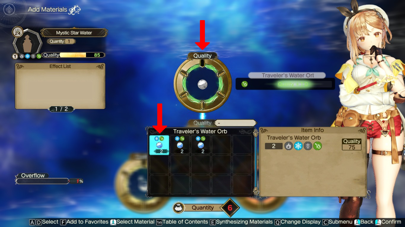 Inserting a Traveler’s Water Orb in the second Quality loop | Atelier Ryza 2: Lost Legends & the Secret Fairy