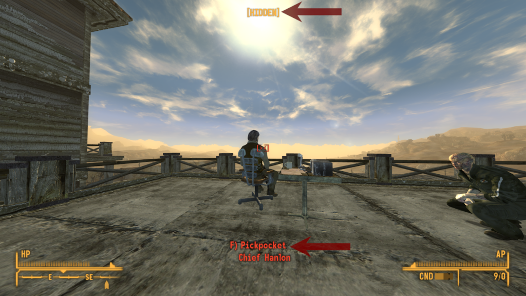 Correct position to pickpocket Chief Hanlon from | Fallout: New Vegas