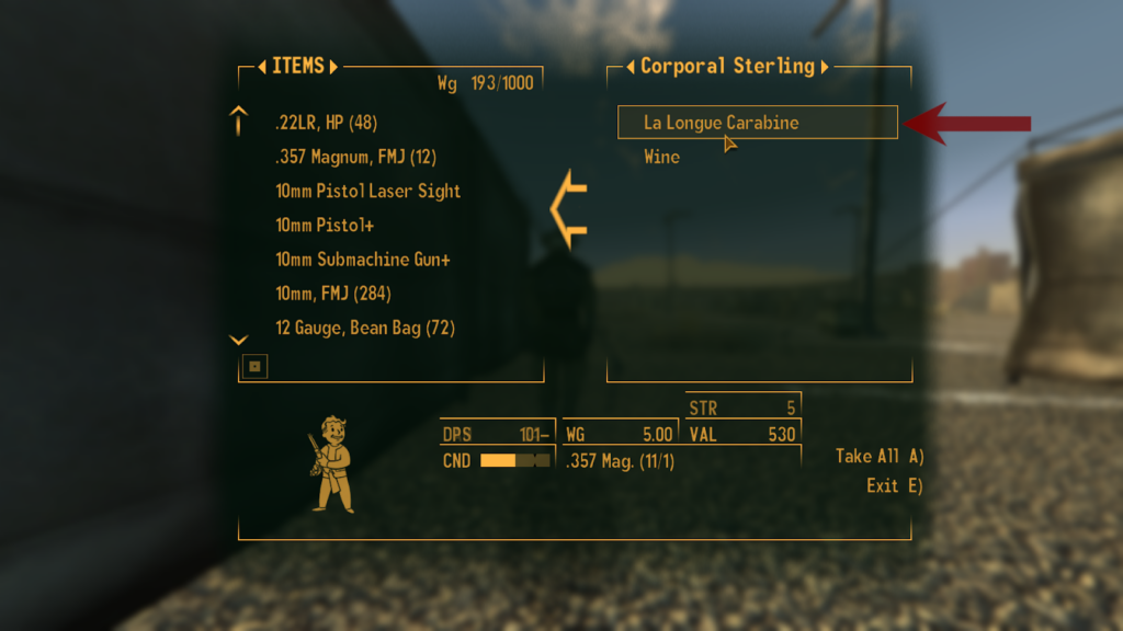 La Longue Carabine inside Corporal Sterling’s inventory | Fallout: New Vegas