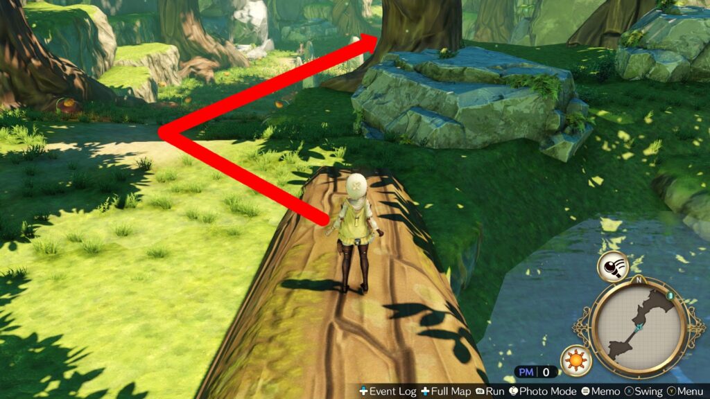 Crossing the tree trunk and following the trail to the stone circle | Atelier Ryza: Ever Darkness & the Secret Hideout 