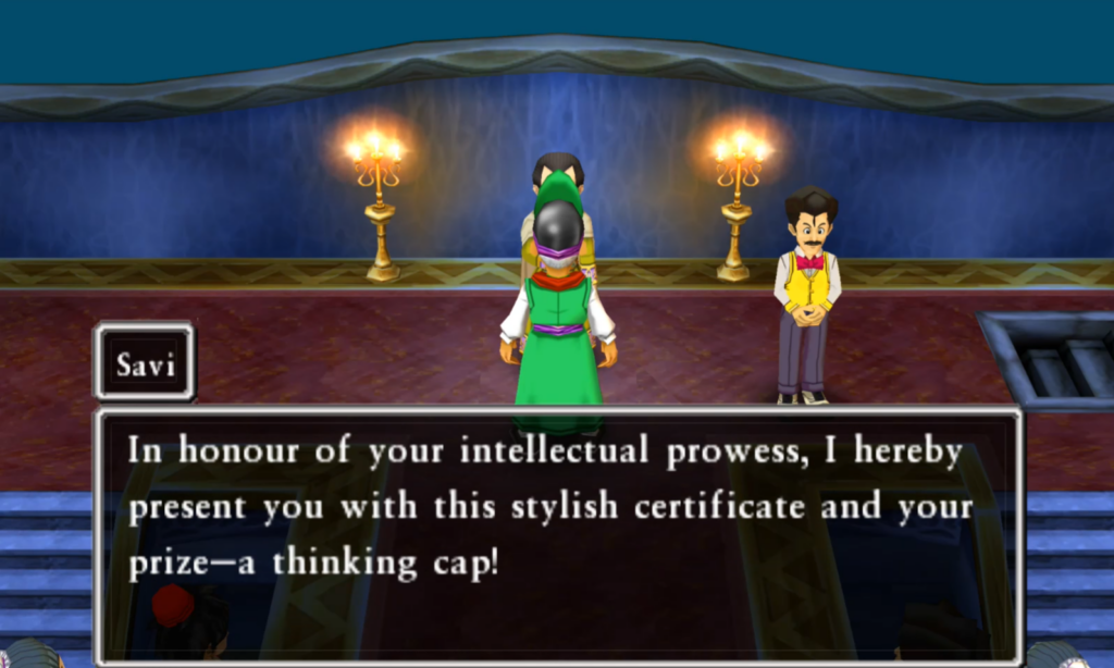 You’ll be rewarded with the Thinking Cap after winning this competition | Dragon Quest VII