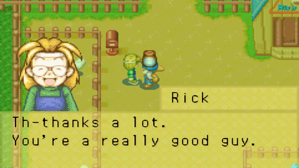 Rick receives a bottle of Bodigizer as a gift | Harvest Moon: Friends of Mineral Town