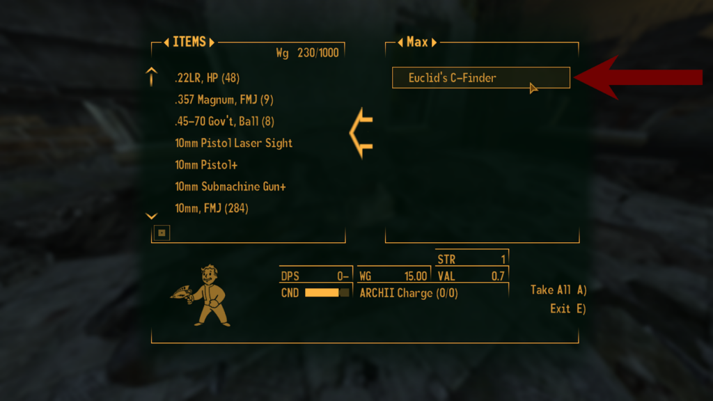 Euclid’s C-Finder in Max’s inventory | Fallout: New Vegas