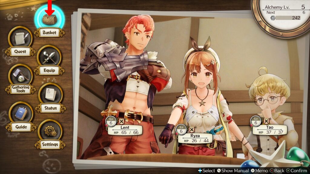 Selecting “Basket” in the main menu | Atelier Ryza: Ever Darkness & the Secret Hideout 