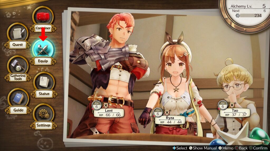 Selecting “Equip” in the main menu | Atelier Ryza: Ever Darkness & the Secret Hideout 