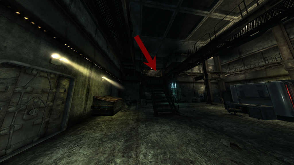 The room after the elevator. The room where PYTHON is located is marked out by the arrow | Fallout: New Vegas