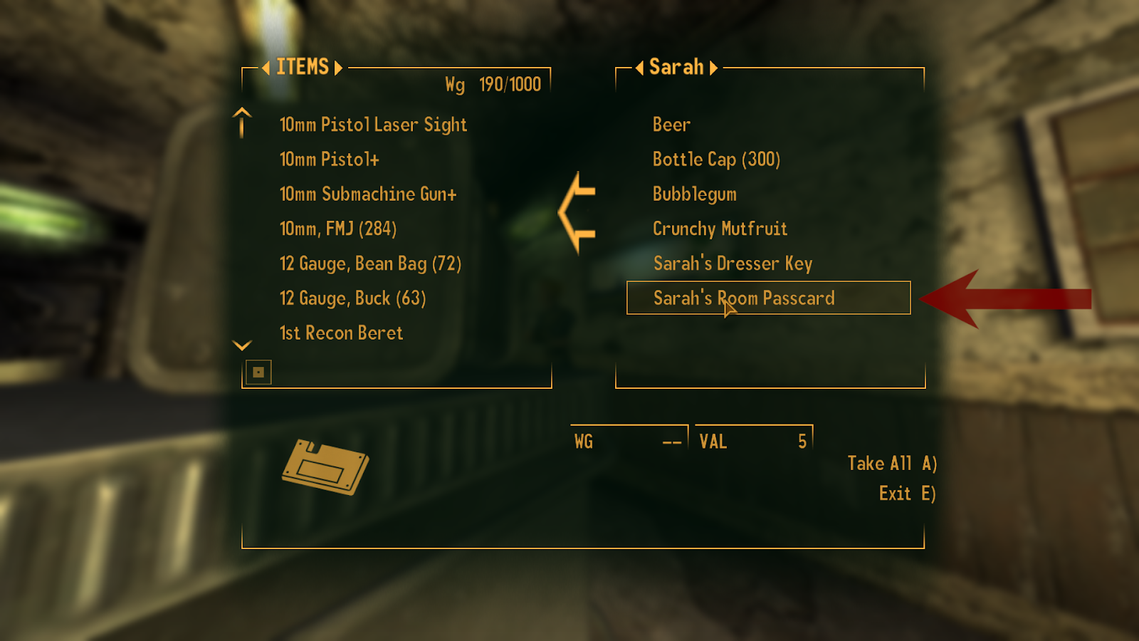 Passcard to Sarah’s room inside her inventory | Fallout: New Vegas
