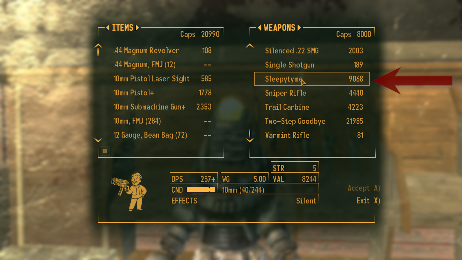 The Sleepytyme SMG inside Vendortron’s merchant inventory | Fallout: New Vegas