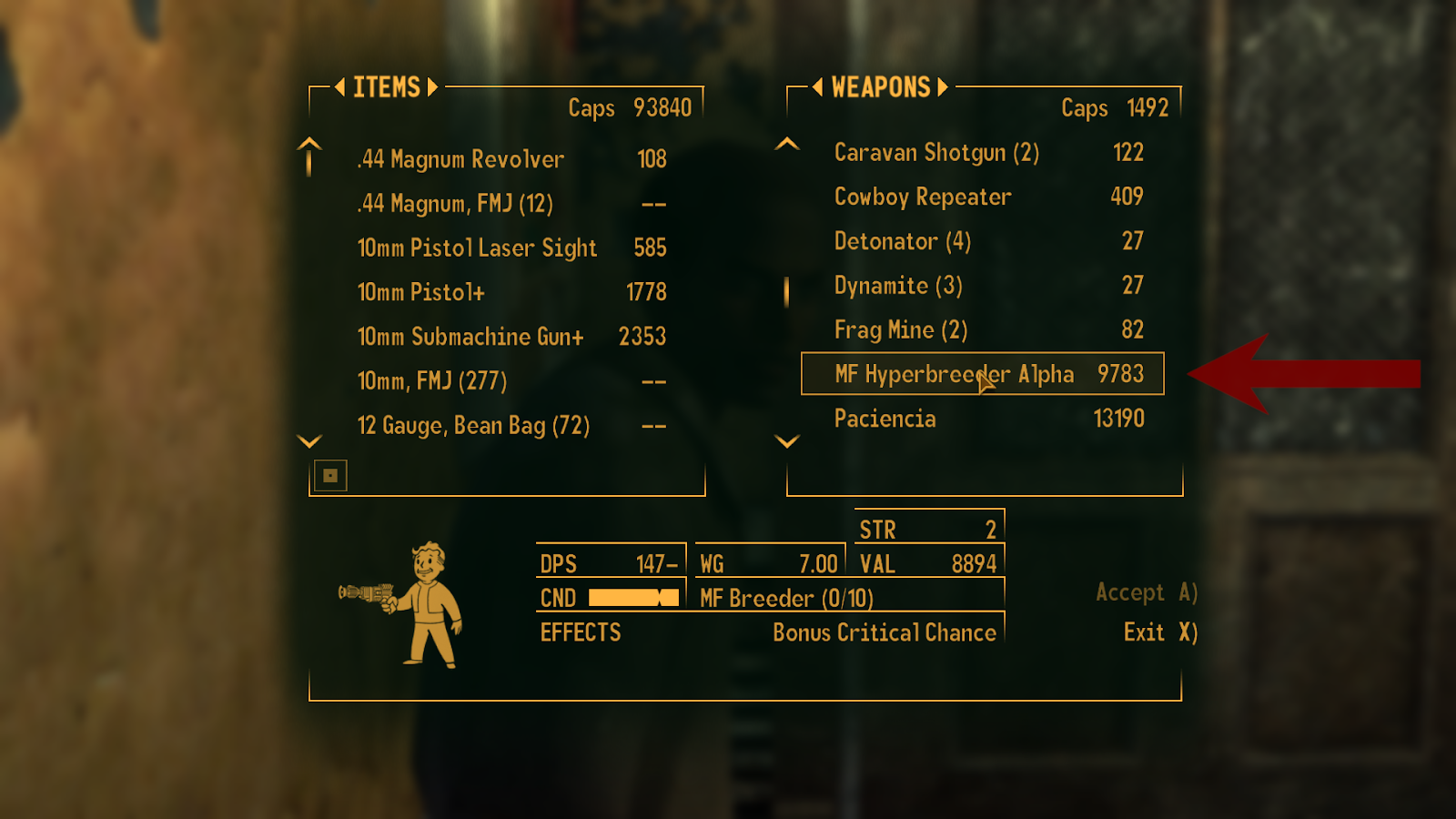 The MF Hyberbreeder Alpha inside Cliff’s merchant inventory | Fallout: New Vegas