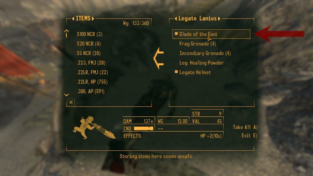The Blade Of The East inside Legate Lanius’s inventory | Fallout: New Vegas