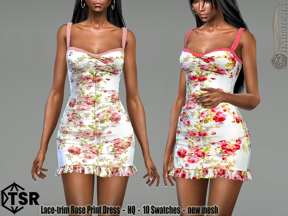 Lace-Trim Rose Print Dress by Harmonia