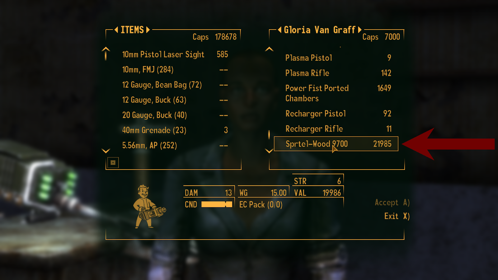 The Sprtel-Wood 9700 in Gloria’s merchant inventory  | Fallout: New Vegas