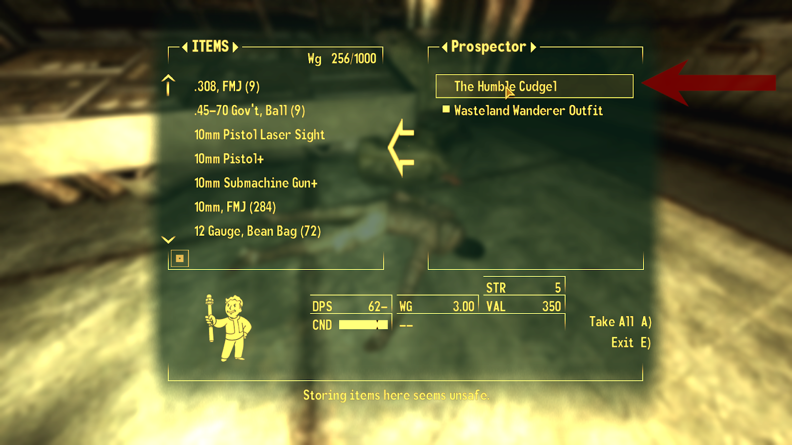 The Humble Cudgel found on the dead prospector | Fallout: New Vegas