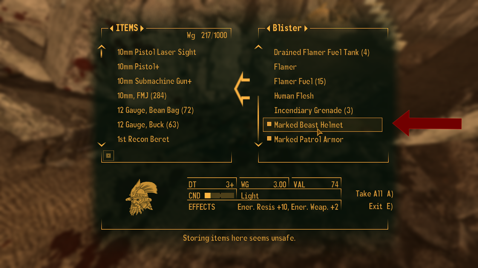 Marked Beast helmet in Blister’s inventory | Fallout: New Vegas