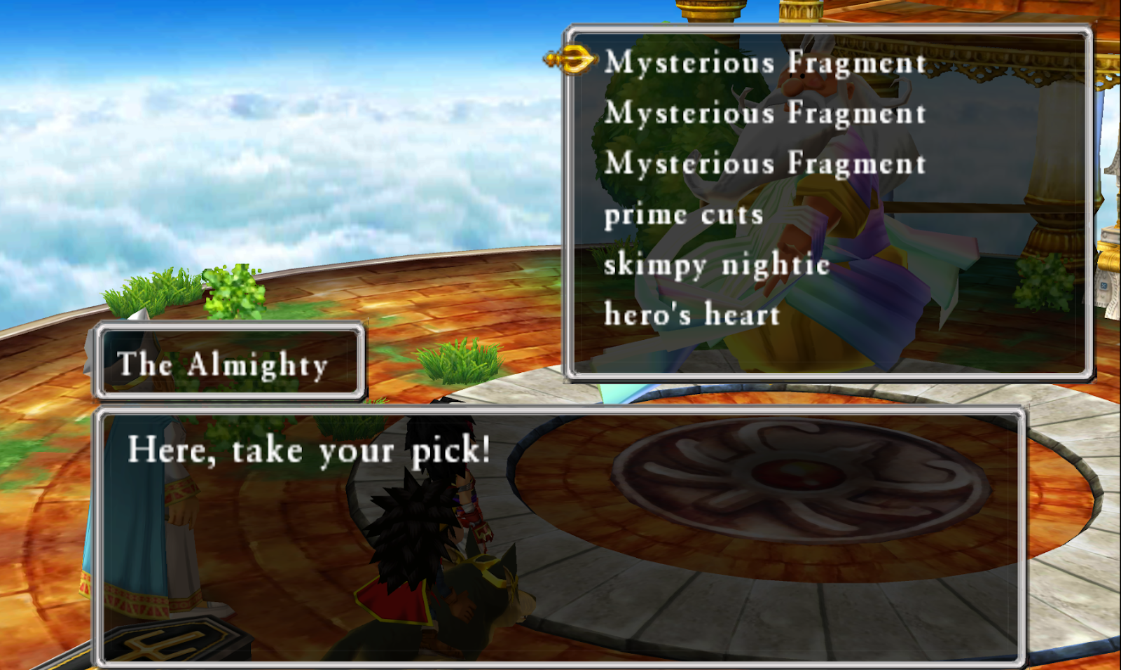 The Almighty will offer you one reward from a list of six each time you beat him | Dragon Quest VII